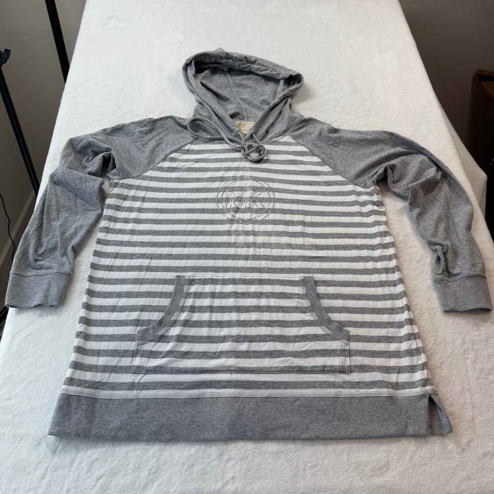 Michael Kors Striped Hoodie Womens XL Gray White Good Rhinestone MK Logo